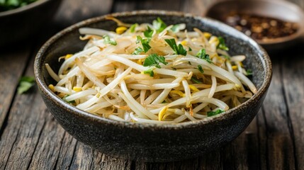 A bowl of stir-fried bean sprouts with garlic and soy sauce, served on a rustic wooden table