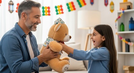 Father Giving Christmas Gift to His Daughter, Happy Celebration at Home