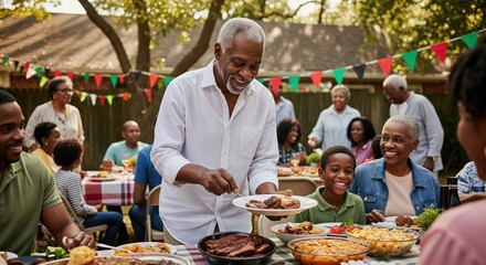 Joyful multi-generational family gathering enjoying lunch or dinner together at an outdoor setting