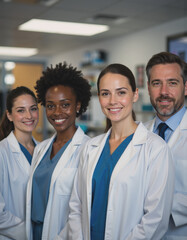 Group of doctors smiling together in a modern medical office