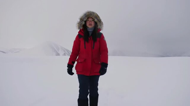 Arctic explorer trudges snowy landscape