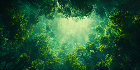 Vibrant Green Forest Canopy Seen from Below with Sunlight
