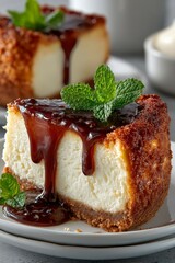 Slice of cheesecake on plate, with sauce and single mint leaf topping. high-end product shot.