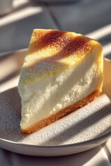 Slice of cheesecake on plate, modern food styling, dramatic lighting, high-end product shot.