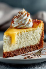 Slice of cheesecake on plate, modern food styling, dramatic lighting, high-end product shot.