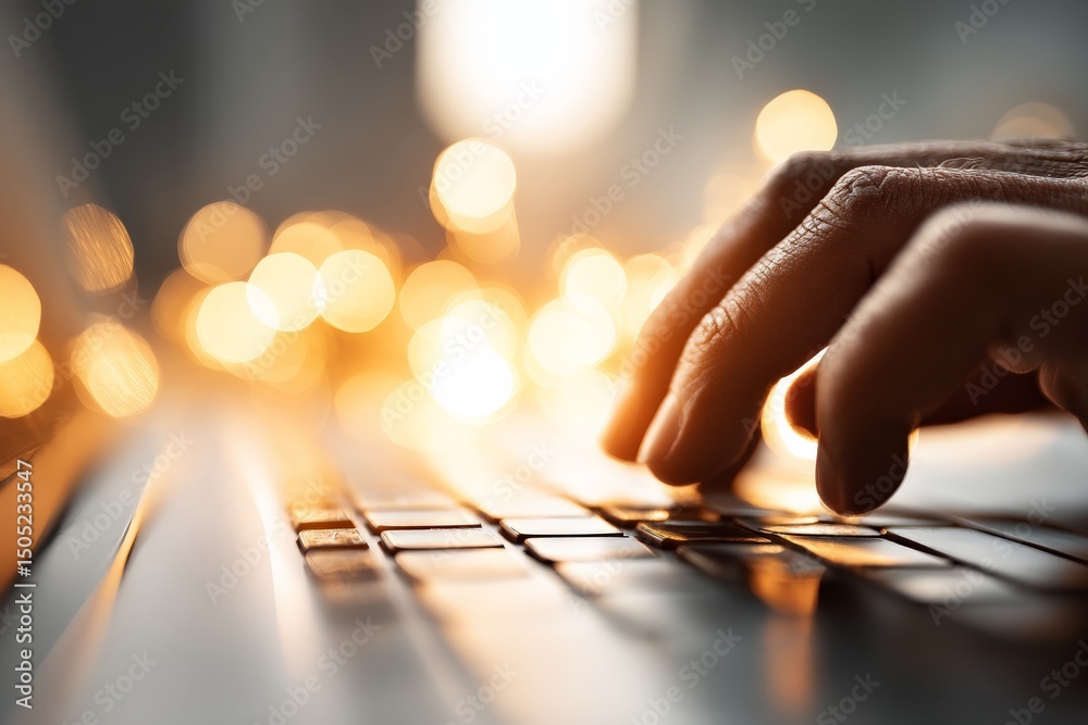 Aufkleber Hands typing on a laptop keyboard with warm glow of lights in background during evening work session