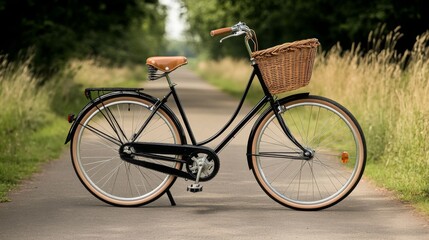 Fototapeta premium A classic vintage bicycle with a wicker basket parked on a quiet countryside road, surrounded by greenery
