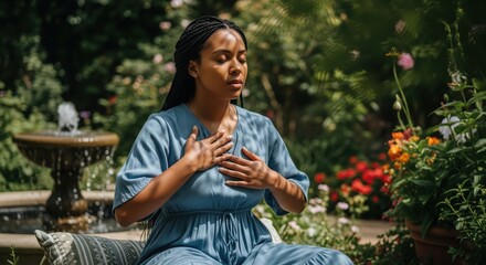 Woman Meditating with Hands on Her Chest in Peaceful Garden Environment