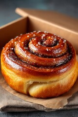 Delicious Glazed Cinnamon Roll in To-Go Container. Product photo, menu item.