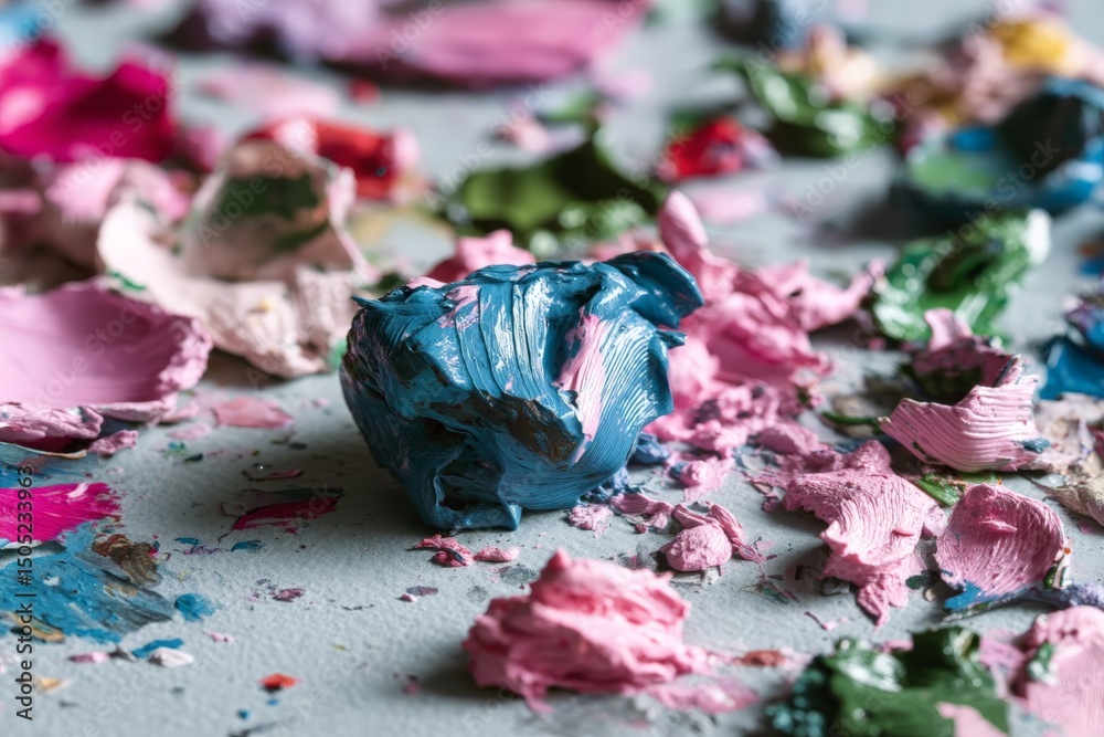 Poster colorful paint remnants scattered on a workspace create an artistic and vibrant atmosphere during a 