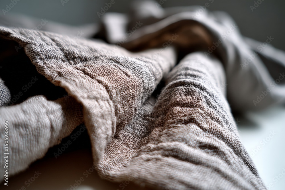 Poster Soft linen fabric draped elegantly on a clean surface in natural light, showcasing texture and color variations