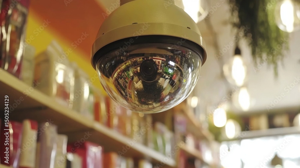 Poster A close-up of a dome-shaped CCTV camera installed in a retail store, with reflections of products visible on the camera lens, emphasizing security in shopping environments.