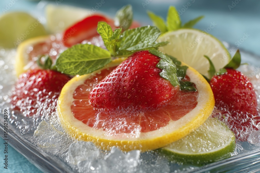Aufkleber fresh fruit garnish displayed on ice with bubbles for a refreshing summer beverage at a sunny outdoo