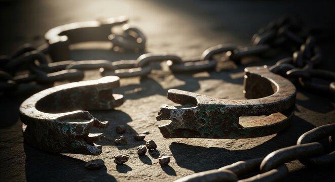 Broken shackles and chains symbolize freedom, justice, and overcoming oppression.
