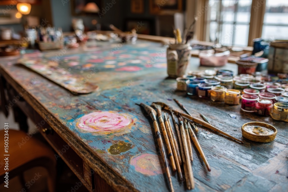 Poster artistic workspace filled with colorful paints and brushes at a creative studio on a bright afternoo