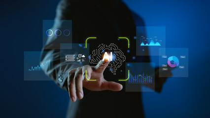 AI and big data analytics concept with digital dashboards and futuristic data visualization. Ideal...