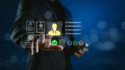 HR and KYC technology concept with digital identity verification and candidate approval interface. Ideal for human resource management, recruitment, and know your customer authentication process.