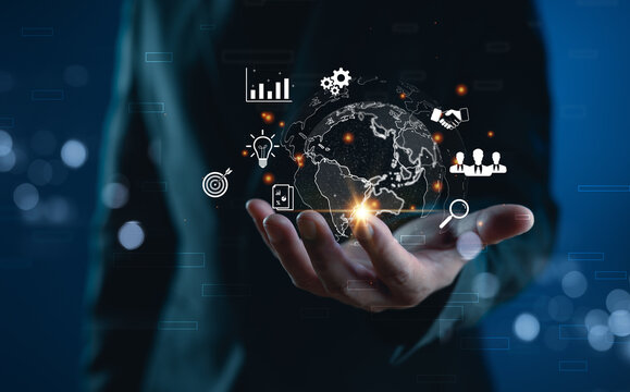 Global business and technology concept with digital network, big data analytics, internet connection, and marketing icons. Represents modern finance, communication, and worldwide digital strategy.