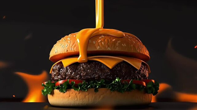 Tasty hamburger featuring fresh lettuce and ripe tomato, sizzling against a fiery backdrop, highlighting the allure of fast food and the pitfalls of unhealthy eating habits.