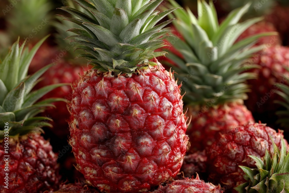 Poster vibrant red pineapples displayed in a market setting inviting customers to explore fresh tropical pr