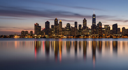 Obraz premium New York City Skyline at Dawn Reflected in Calm Water