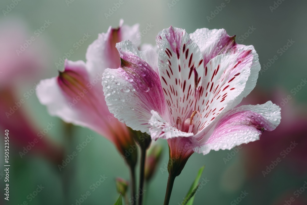 Poster beautiful pink and white alstroemeria flowers with dew droplets in a soft background setting during 