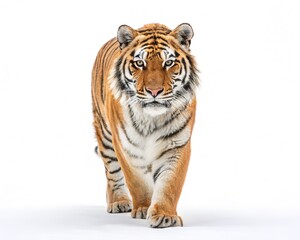 Majestic Tiger Walking Towards Camera on White Background