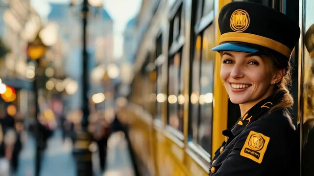 A young woman in a conductor's uniform stands next to a vintage tram, smiling confidently.