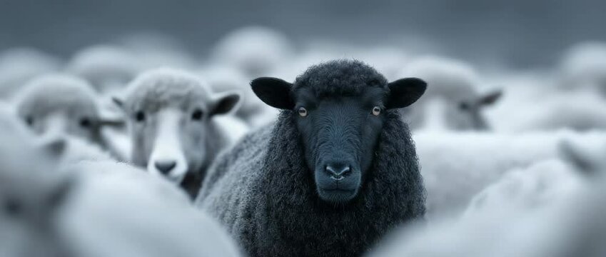 Among a flock of white sheep, a black sheep is conspicuous.