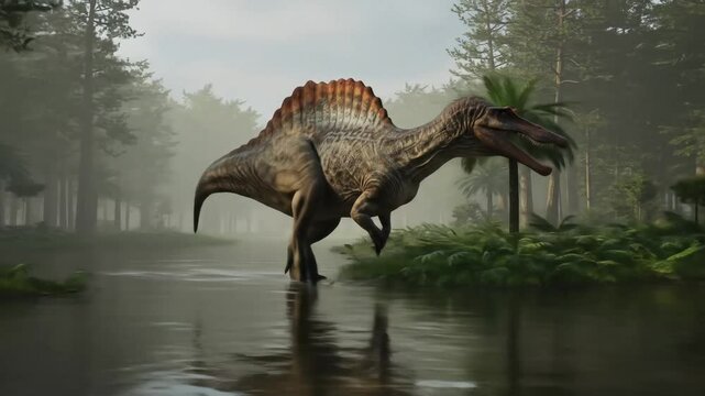 Spinosaurus dinosaur crossing a river in jurassic forest 