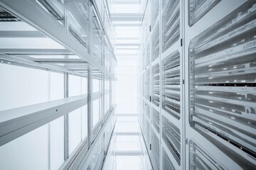 Obraz premium Contemporary data center interior with modern server racks and bright overhead lighting
