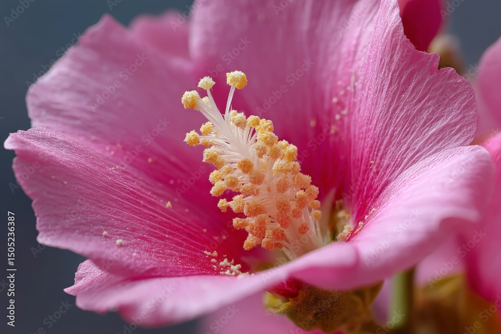 Poster close-up view of a pink flower showcasing intricate details of petals and stamens under natural ligh