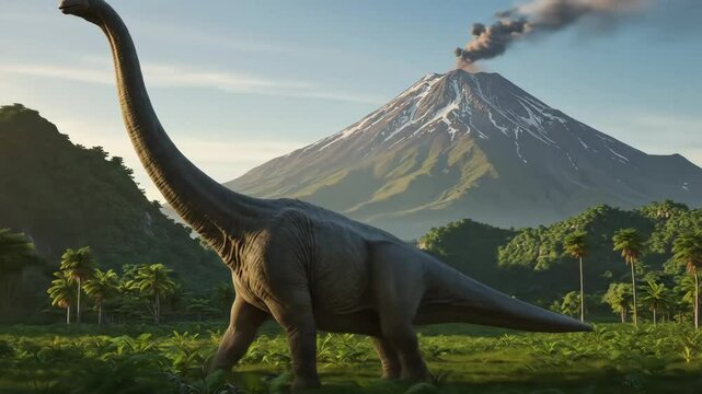 Brachiosaurus dinosaur moves near volcanic mountain landscape 