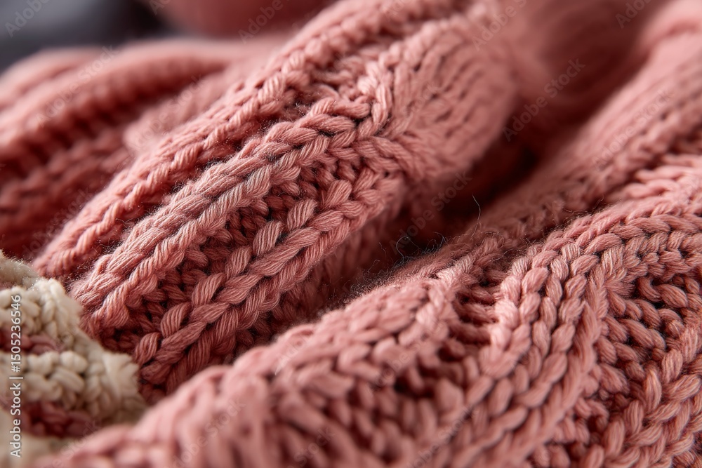 Poster detailed close-up of a soft knitted fabric showcasing intricate patterns and warm tones for cozy tex