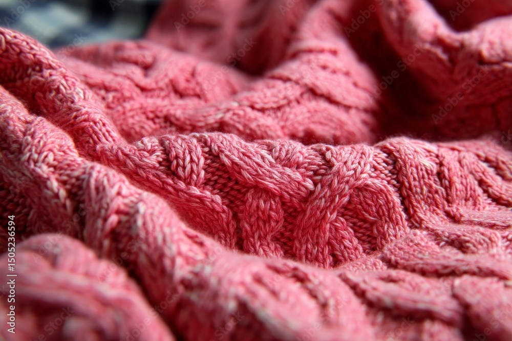 Poster Soft pink knitted blanket with intricate patterns draped over a cozy surface in a warm indoor setting