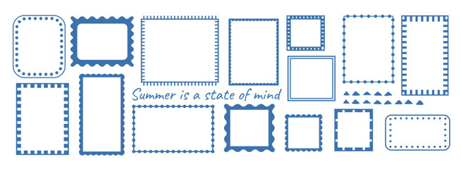 Stamp or letter mark inspired frames for greeting cards. Hand drawn ornament borders with wavy scallop line for social media decoration template. Blue color