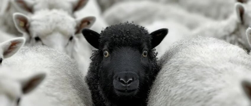 Among a flock of white sheep, a black sheep is conspicuous.