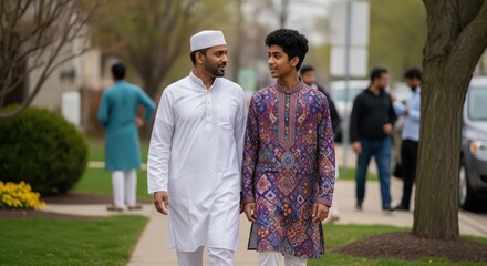 Two Muslim Men walking on a sidewalk, father and son, wearing traditional outfits