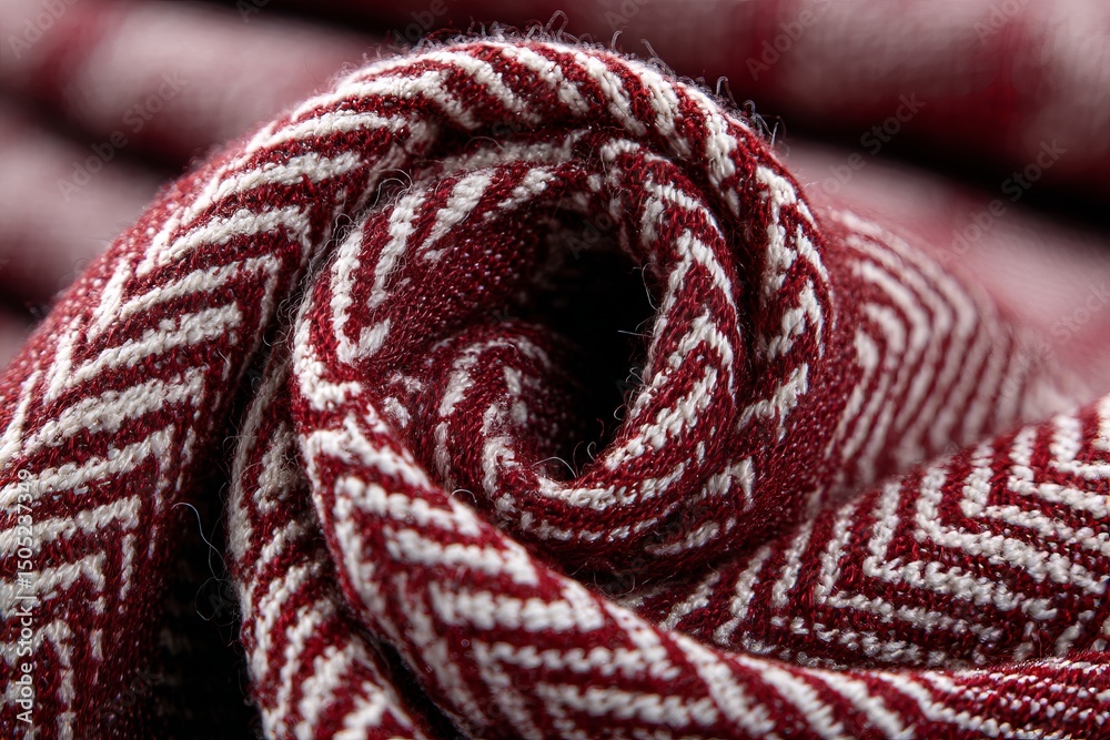 Poster Textured fabric showcasing intricate red and white zigzag pattern with close-up details of woven threads and craftsmanship
