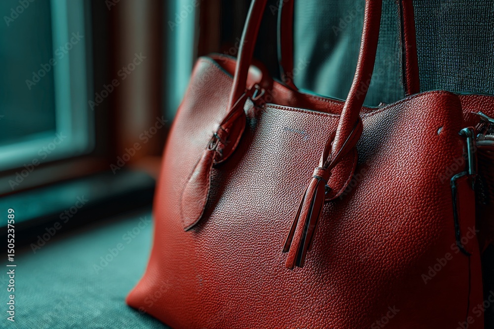 Poster elegant red leather handbag placed on a gray fabric surface near a window in soft natural light