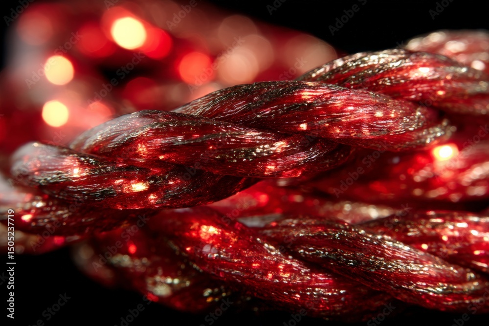 Poster Close-up view of intricately woven red rope illuminated by soft light showcasing details and texture
