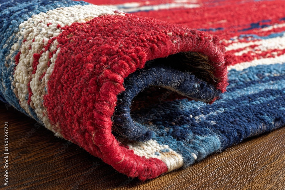 Poster colorful handwoven rug rolled up on a wooden floor showcasing intricate patterns and textures in a c