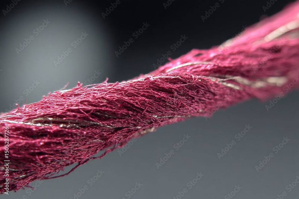 Poster close-up view of a twisted burgundy thread revealing intricate fibers and texture