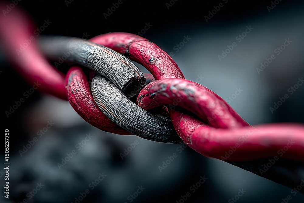 Aufkleber close-up of intertwined metal chain links showing red and black colors in a detailed view