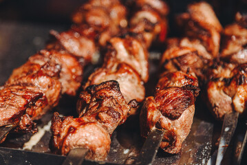 grilled shish kebab on skewers, close-up view, fried meat, delicious food
