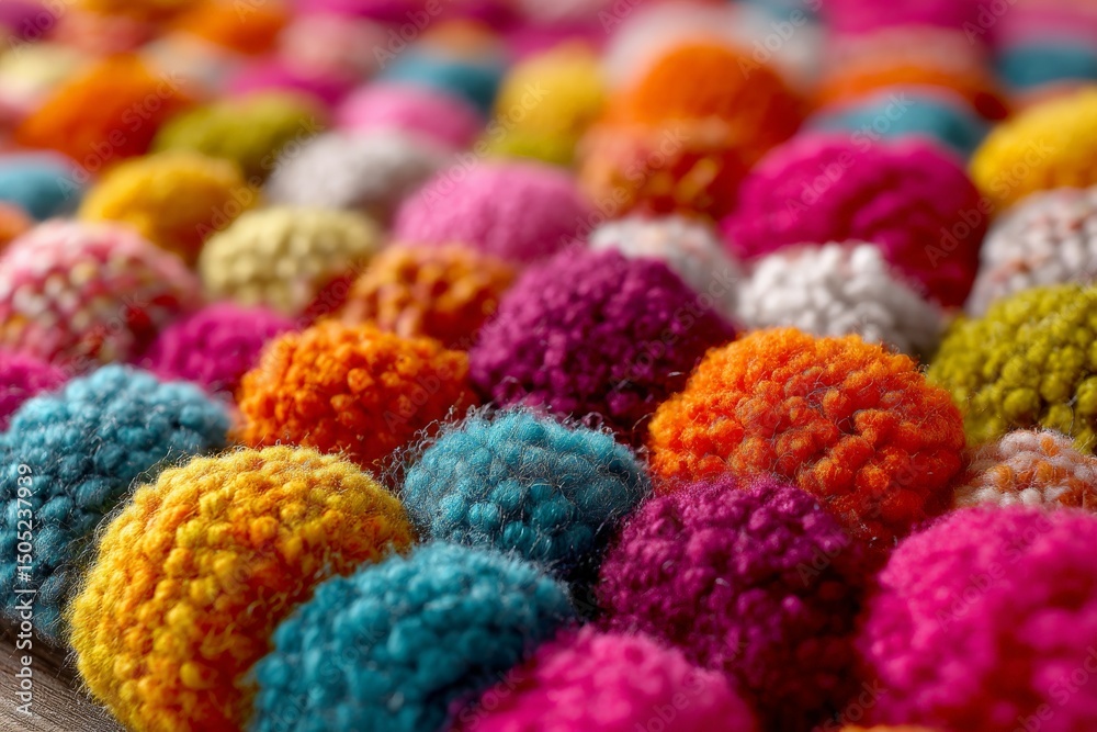 Poster colorful pom poms arranged on a textured surface in an artistic display for home decor and craft pro