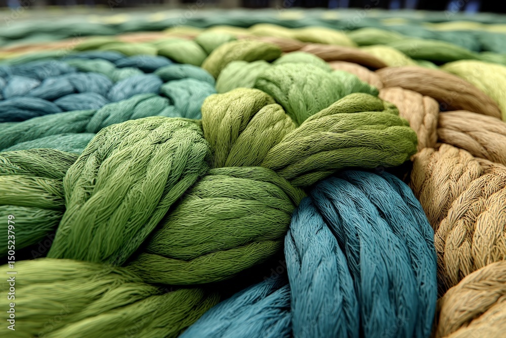 Poster colorful woven ropes arranged intricately in vibrant patterns highlighting craftsmanship and textile