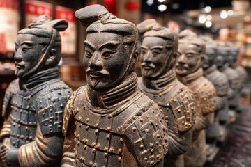 Fototapeta premium Ancient warrior sculptures displayed in a cultural exhibition showcasing diverse historical artifacts