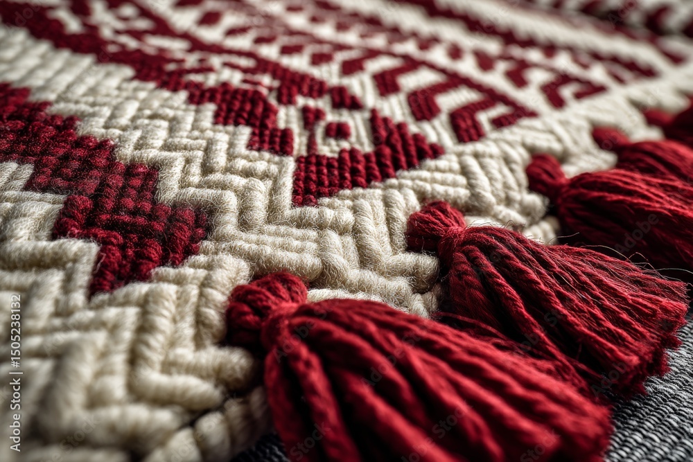 Poster Detailed close-up of a handmade rug featuring intricate patterns and red tassels, showcasing craftsmanship and design