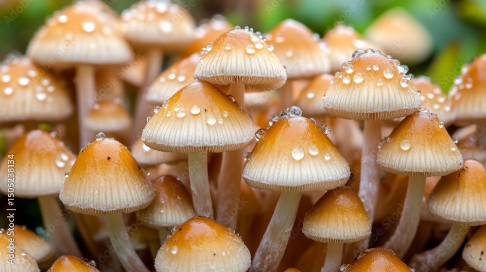 Poster a cluster of wild mushrooms with raindrops sliding off their caps, creating a mystical atmosphere